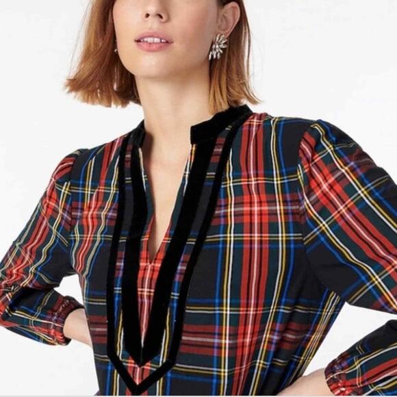 J.Crew Velvet-trimmed V-neck tunic in black Stewart Tartan S - Picture 3 of 7